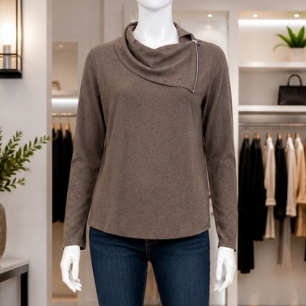 Fortune + Ivy Women Pullover Top Brown Asymmetrical Cowl Neck Zipper Small